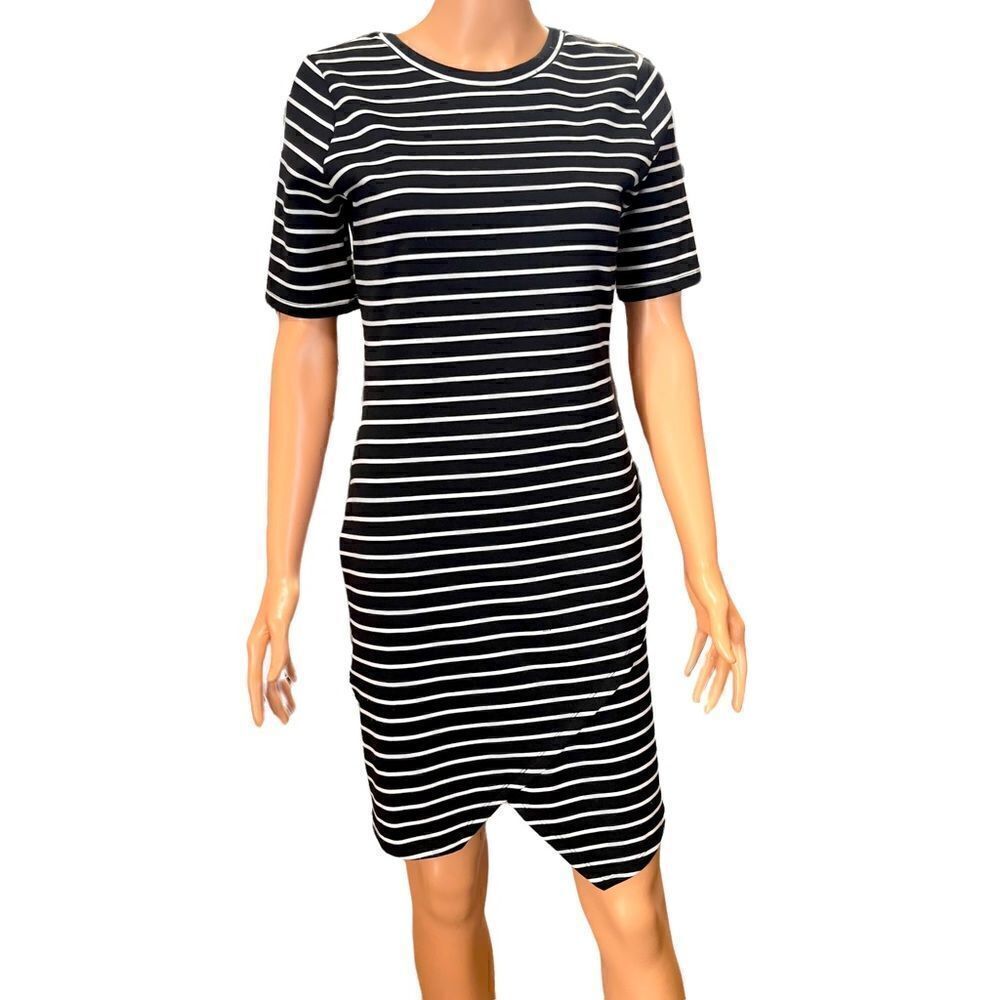 Iris Black & White Stripe Asymmetrical Hem Dress Size Large